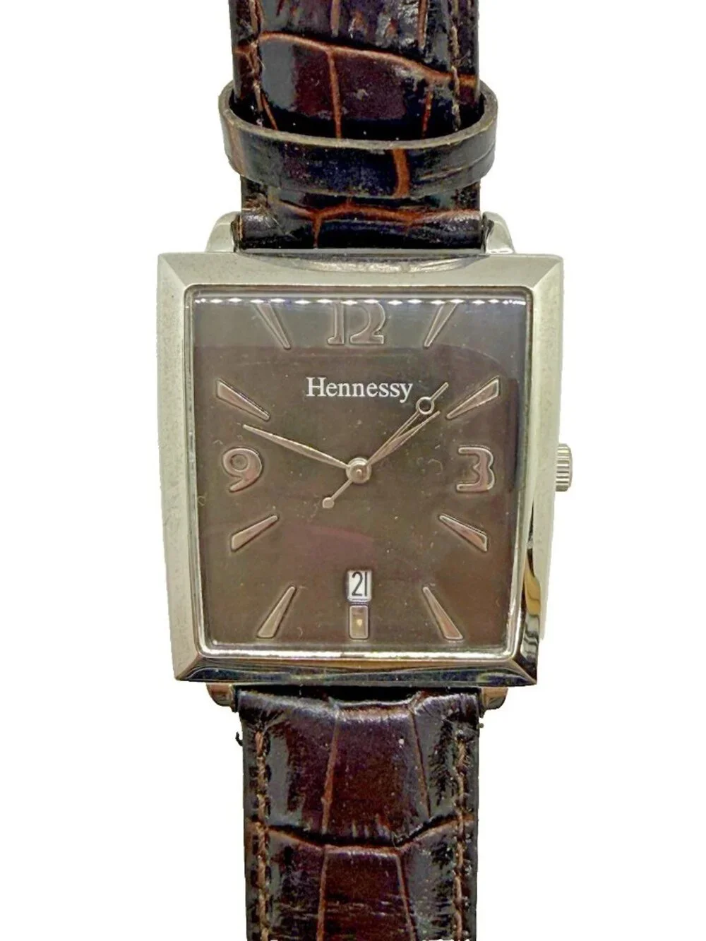 Hennessy Grande Champagne XO Cognac Men's Watch Silver Tone Brown Leather Date